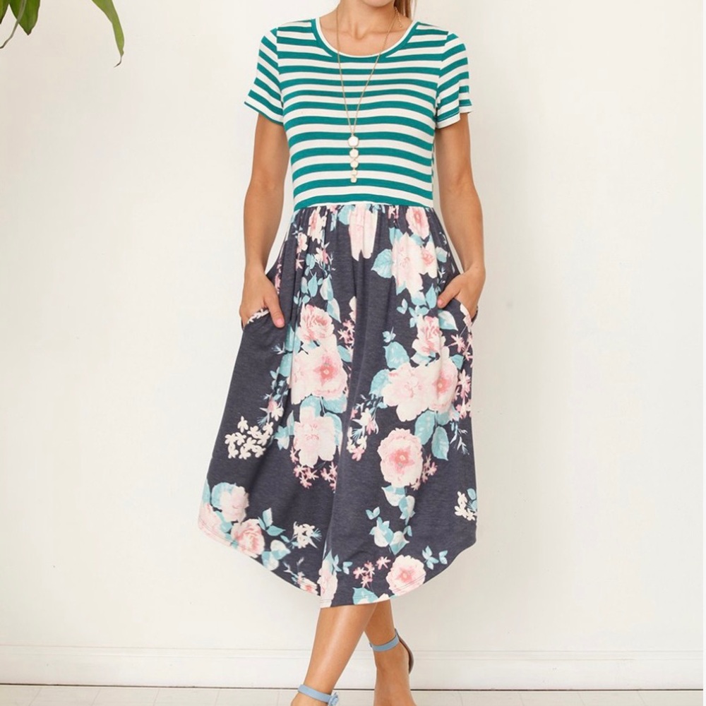 Green and White Stripe Floral Midi Dress